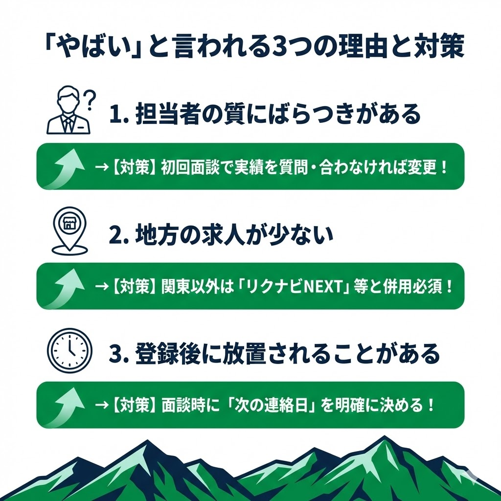 SportsForceがやばいと言われる3つの理由(担当者の質、地方求人の少なさ、登録後放置)と、それぞれの回避・対策方法の図解。