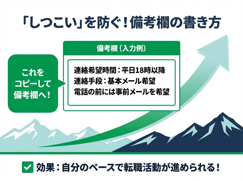 スポナビキャリア登録時の備考欄記入例。連絡頻度をコントロールするためのテンプレート図解。