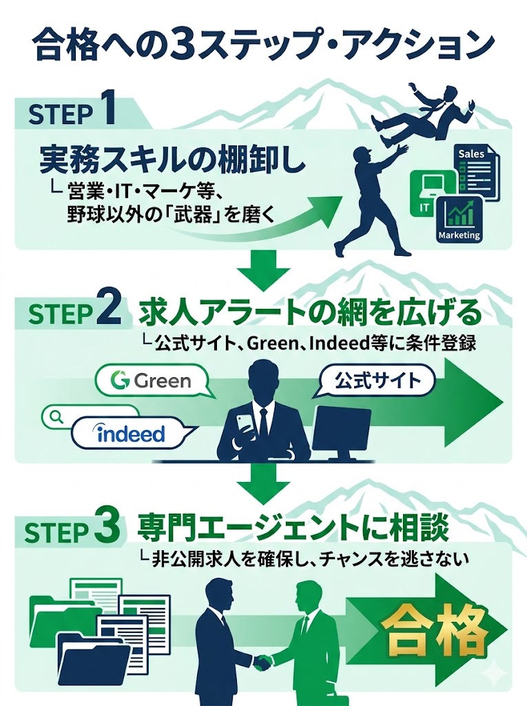 巨人軍の球団職員を目指すための具体的3ステップ(スキル向上、アラート設定、エージェント登録)のフロー図