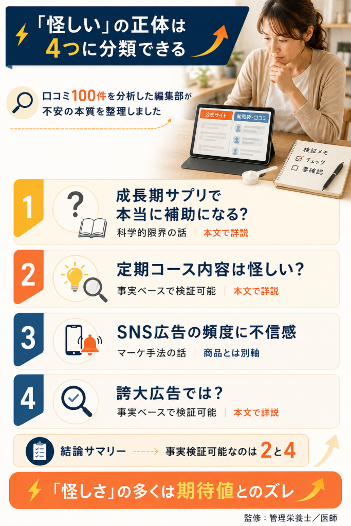 「怪しい」の正体を4分類｜事実検証可能な疑念とマーケ手法の整理